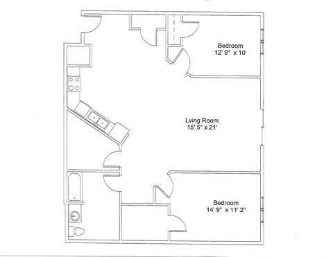 Floor plan for 2 beds, 1 bath, 1136 sqft